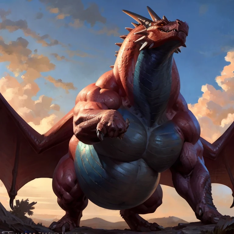 Detailed painting, by Taran Fiddler, closeup, outlook view, wide angle, dragoness, full body, feral, dainty, friendly, colorful, rounded snout, wings, pregnant-like belly, round belly, dominant belly, huge belly, bloated belly, big muscles, wide body, thick body muscles, powerfull muscles, beefy muscles, thick neck, beefy neck, tall, voracious, glutonous, enormous, giant, gigantic, colosssal size, gargantuan, kaiju, powerfull look, badass look, looking at viewer