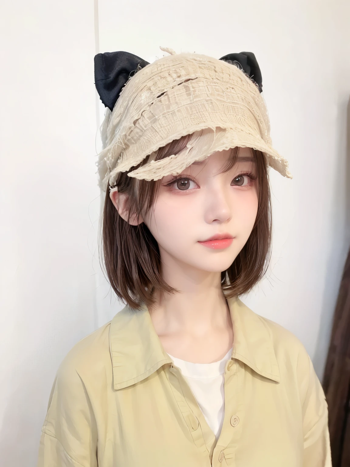 (close up:1.4)、(Original Photography:1.2)、(相piece写实:1.4)、(masterpiece:1.3)、(Top quality:1.4)、Like a dream、(Delicate eyes)、(Detailed facial features)、(Detailed clothing features)、Clear skin、(Smooth skin)、(Slender beautiful girl)、(Beautiful leg line)、big eyes、A girl、Plush clothes、(full-body shot)、solo、Cute little、Happy smiling face、(Big breasts)、Beauty breasts、Bangs、Short Bob、Dark-haired、Black eyes、visible、Obscene、piece、The light hits the face
