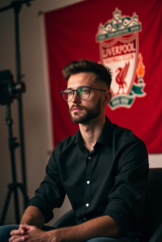 A young boy with beard, glasses, sitting on a chair looking straight into camera with cinematic YouTube studio with Liverpool football flag, remove camera from behind