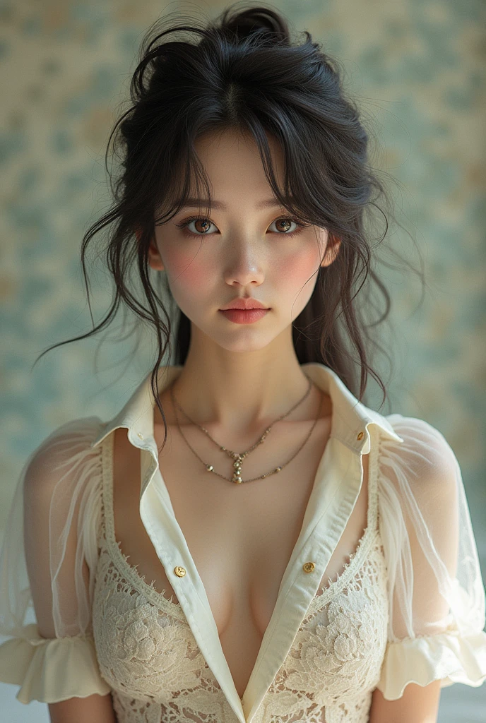 Girls VN03, Shot with Nikon Z7 II mirrorless camera,120mm F/4. Wide-angle best image quality, masterpiece, Super detailed, Cowboy Shot, Flowing, 3DMM, Ink Sketch, Color ink, Ink Rendering, Octane Rendering, pastel, Rice Paper, One girl, Beautiful attention to detail, (Alternative hairstyle), Super detailed hair, elegant, (Charm), (delicate), cute, cute, Lace dress, Text in the center of the frame, rhythm, Fantasy, View your viewers, xxmix girl,sexy, Fascinating , Messy Hair, Unbuttoned shirt, chest
