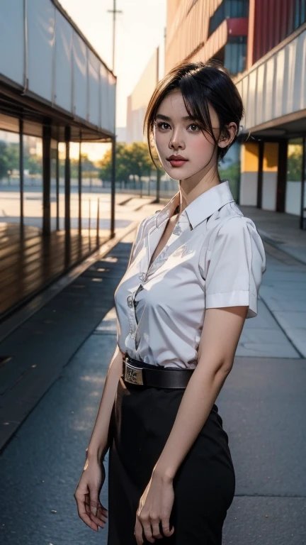 Pretty thai woman short hair  , (8k, best quality, masterpiece, ultra highres:1.2) Photo of Pretty thai woman beautiful, beautiful enchanting fashion contemporary painting with , (1girl), (white shirt short sleeves), ((black pencil skirt)), belt , realistic skin texture , round chin, 85 mm art lens, f 1. 2, sharp focus, 8 k high definition, insanely detailed, intricate, elegant , big breasts , black skirt 