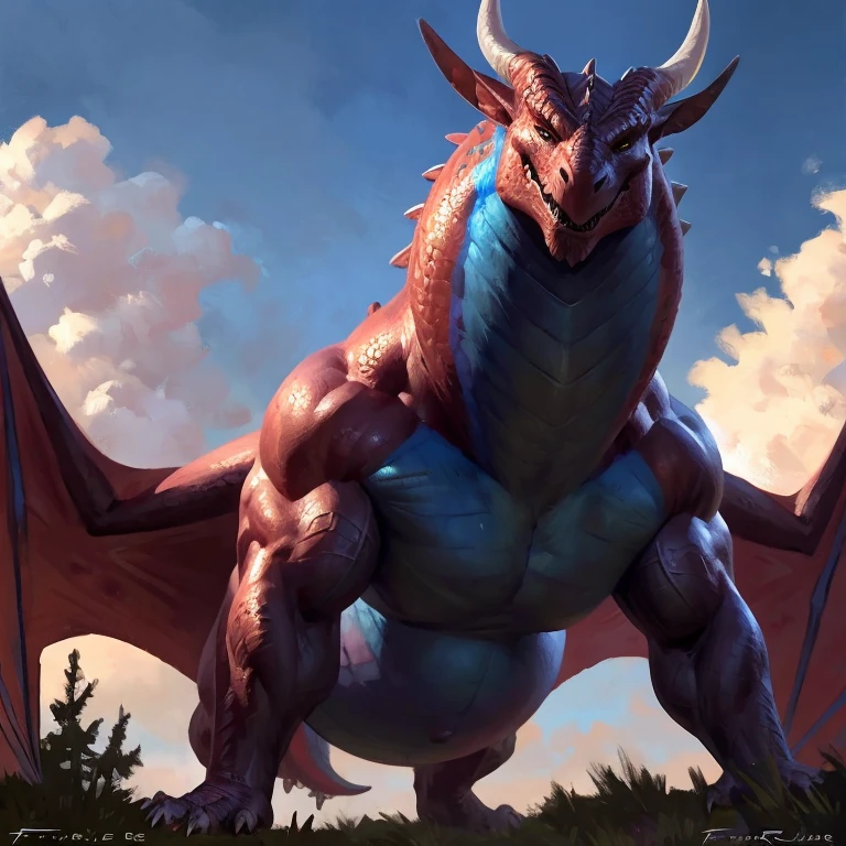 Detailed painting, by Taran Fiddler, closeup, outlook view, wide angle, dragoness, full body, feral, dainty, friendly, colorful, rounded snout, wings, pregnant-like belly, round belly, dominant belly, huge belly, bloated belly, big muscles, wide body, thick body muscles, powerfull muscles, beefy muscles, thick neck, beefy neck, tall, voracious, glutonous, enormous, giant, gigantic, colosssal size, gargantuan, kaiju, powerfull look, badass look, looking at viewer
