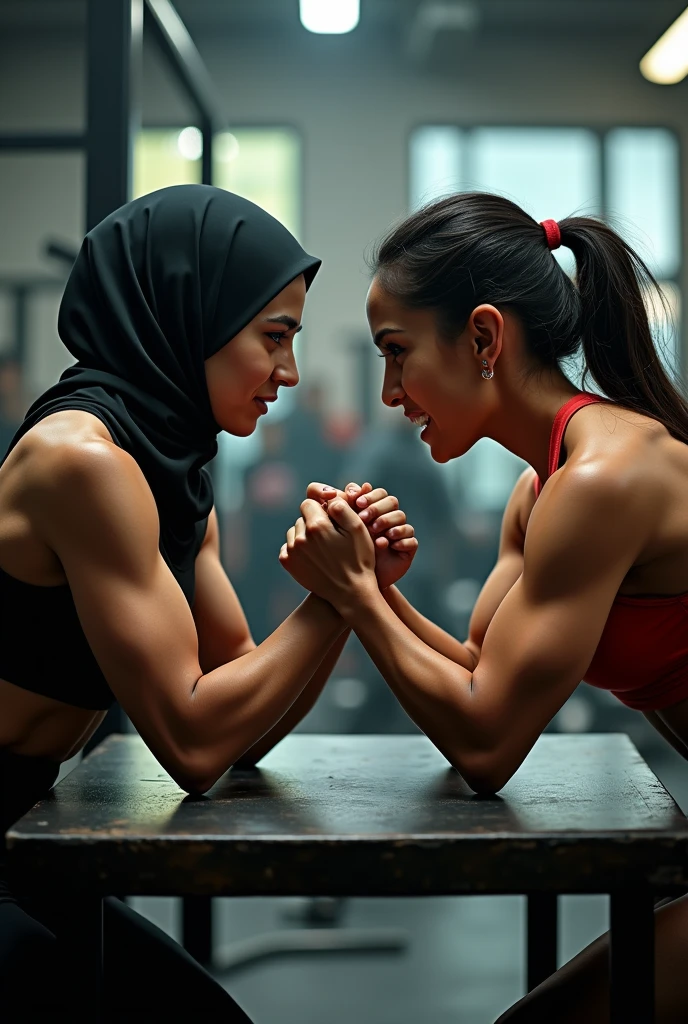 Hijab girl vs Indian girl in arm wrestling in gym bodybuilder hd