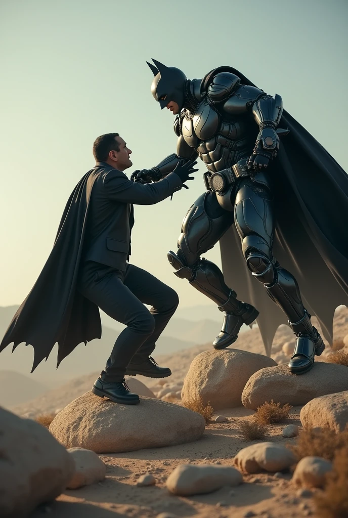 batman and a man in a suit are fighting over a rock, saudi futuristic warrior mecha, batman mecha, dramatic cinematic action shot, cyberpunk batman, cinematic action shot, dramatic action photography, cinematic battle, epic action shot, dramatic action shot, robot killing man, epic cinematic shot, dynamic dramatic shot, epic action scene, cinematic 4k wallpaper