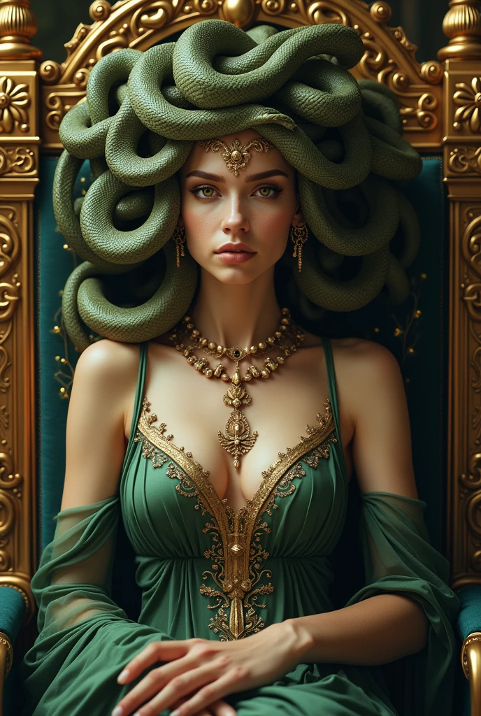 Medusa, ini her beautiful human form, sitting in her throne in her palace. the snakes on top of her head looks very lively, in basuki abdullah style, photorealistic, 8k, UHD, naturalism, oil painting