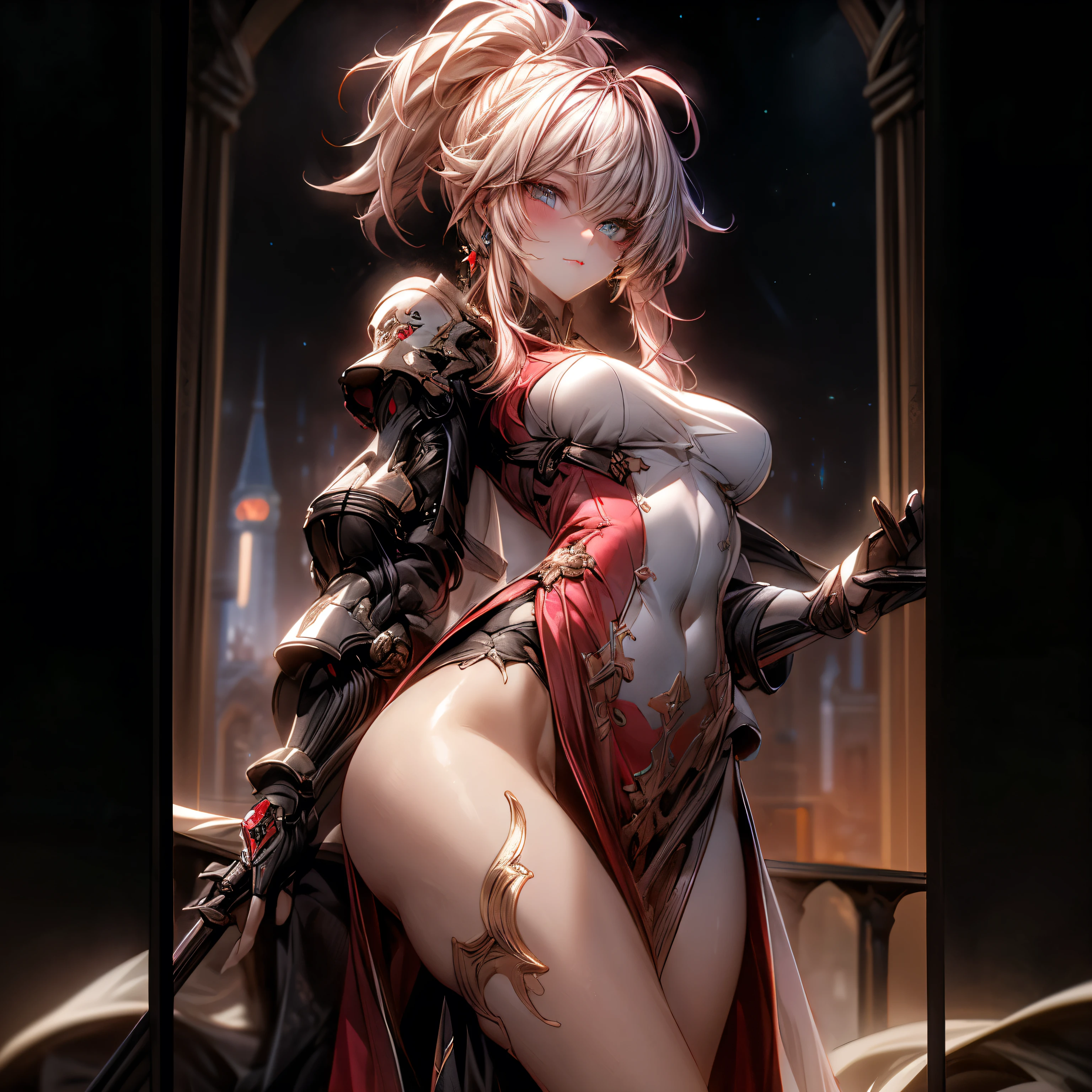 (best quality)), ((Masterpiece)), (details:1.4), 3d, HDR (high dynamic range), an image of a beautiful cyberpunk female, fantasy, Cyberpunk, Medieval, pink hair, High ponytail, Hips up, Beautiful white eyes, จมูกโด่ง, ปากแดง, หน้าอกใหญ่, nvidia RTX, PBR surface, After processing, Anisotropic filtration,depth of field, Maximum clarity and clarity, multi-layered surface, Subsurface scattering, perfect proportions, 8K raw files, ultra detailed, Perfect proportions, volumetric lighting, soft lighting, Holy Paladin, Heavy red Armor, Red dress, glossy skin, intricate silver embroidery, Tower background, Night sky, jewely, ต่างหู, นิ้วมือสมบูรณ์,
