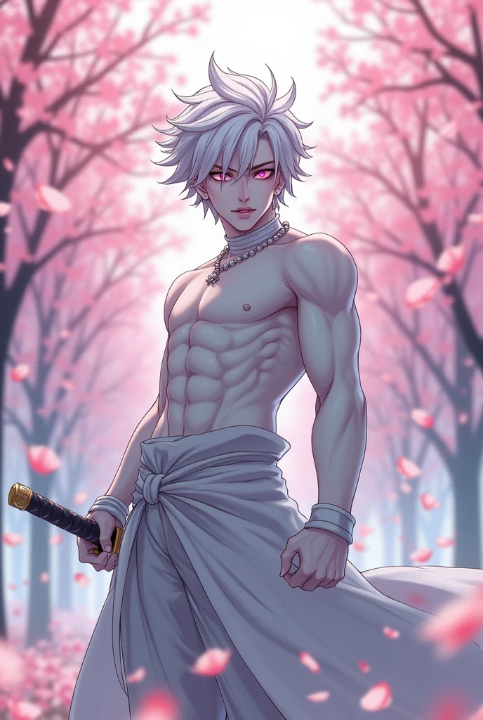 anime demon slayer outfit character sword, White hair, spiky hair, Pale skin, pink eyes, Long white eyelashes, male, muscular, white small earrings, big glossy lips, cherry blossom trees, grey eyebrows, white sweater, 