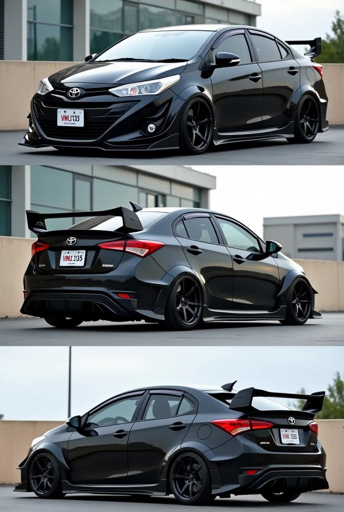 Create a modern widebody kit black toyota vios latest gen with license plate Vmu 133 5 showing front side, back side and side view in grid pictures