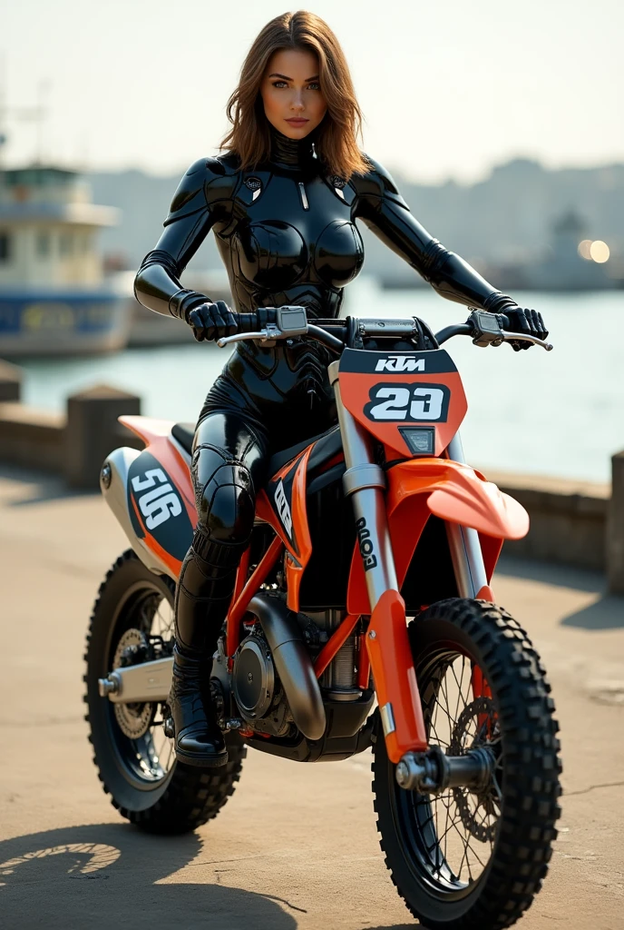 full body shot, wharf scene, beautiful female cyborg woman riding a KTM 450 motocross motorcycle, glamorous shape, shoulder-length, beautiful shiny smooth, high quality, best quality, absurdres, masterpiece, beautiful, intricate details, 1/2 body crop, slim body, beautiful figure, magnificent anatomy, (intricate details:1.12), HDR, (intricate details, hyper-detailing:1.15), (natural skin textures, hyper realisitc, soft light, Sharp:1.2)