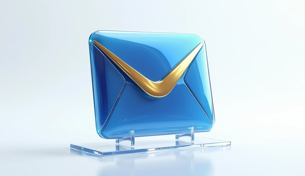 ((photorealism:1.2)), Blue and gold mail icon, stand angle, on a display stand, many details, octane render, futuristic style, transparent glass texture,frosted glass, transparent technology sense, industrial design, white background, studio lighting, sunshine, flat, minimal, quasi-object, axisymmetric, blender, C4D, best quality, 4k