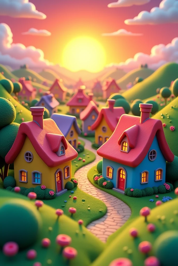 A village with many houses and sun rise in 3D cartoon style