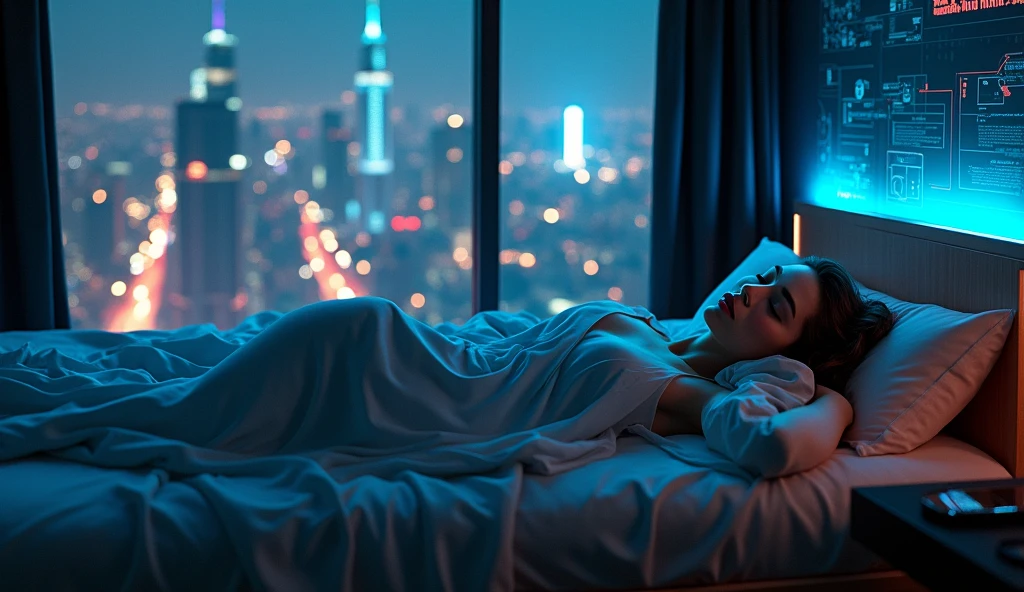 bedroom in night city with realistic sleeping woman