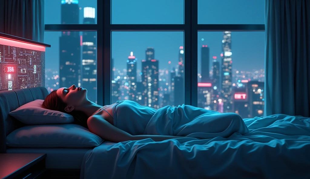 bedroom in night city with realistic sleeping woman