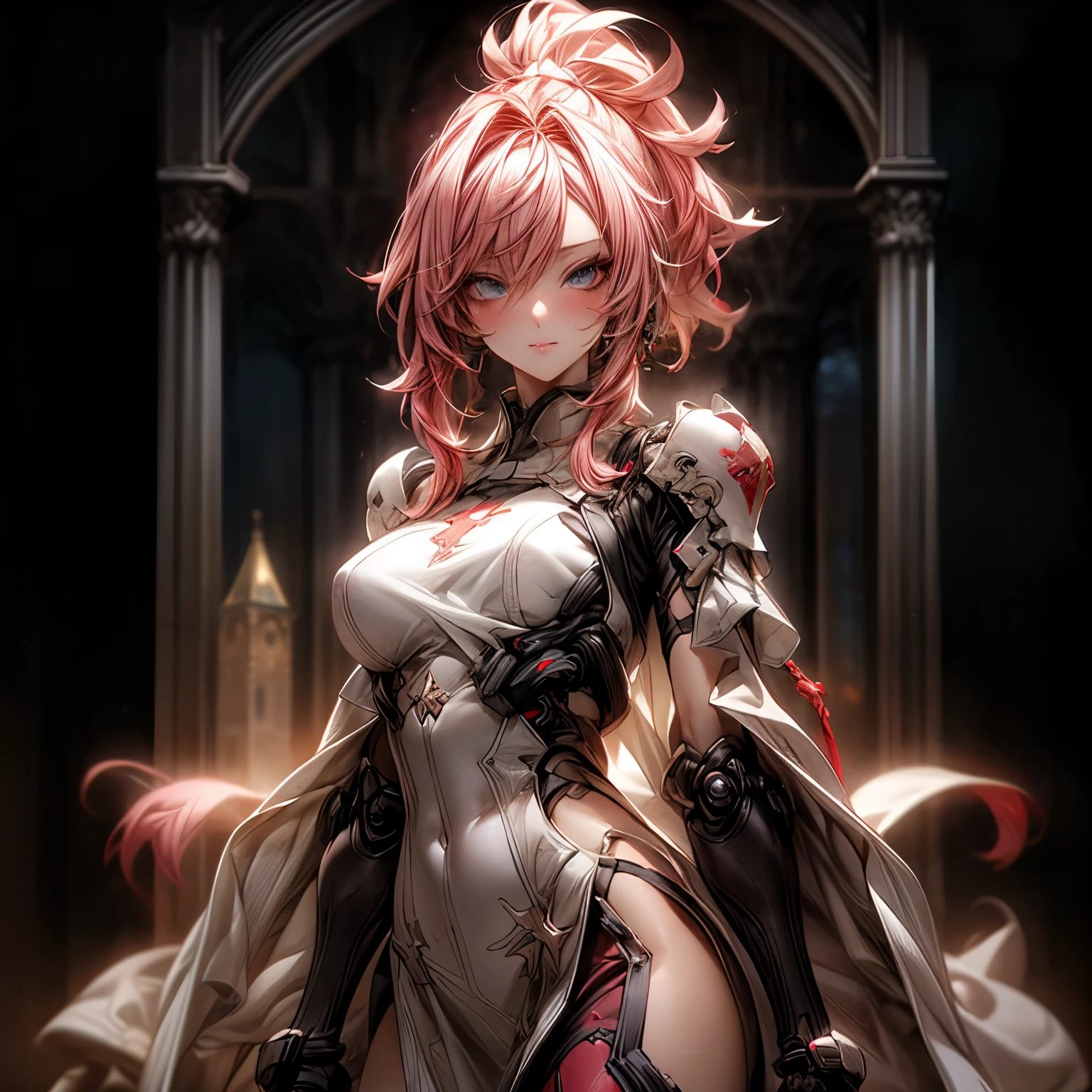 (best quality)), ((Masterpiece)), (details:1.4), 3d, HDR (high dynamic range), an image of a beautiful cyberpunk female, fantasy, Cyberpunk, Medieval, pink hair, High ponytail, Beautiful white eyes, จมูกโด่ง, ปากแดง, หน้าอกใหญ่, nvidia RTX, PBR surface, After processing, Anisotropic filtration,depth of field, Maximum clarity and clarity, multi-layered surface, Subsurface scattering, perfect proportions, 8K raw files, ultra detailed, Perfect proportions, volumetric lighting, soft lighting, Holy Paladin, Heavy red Armor, Red dress, glossy skin, intricate silver embroidery, Tower background, Night sky, jewely, ต่างหู, นิ้วมือสมบูรณ์,