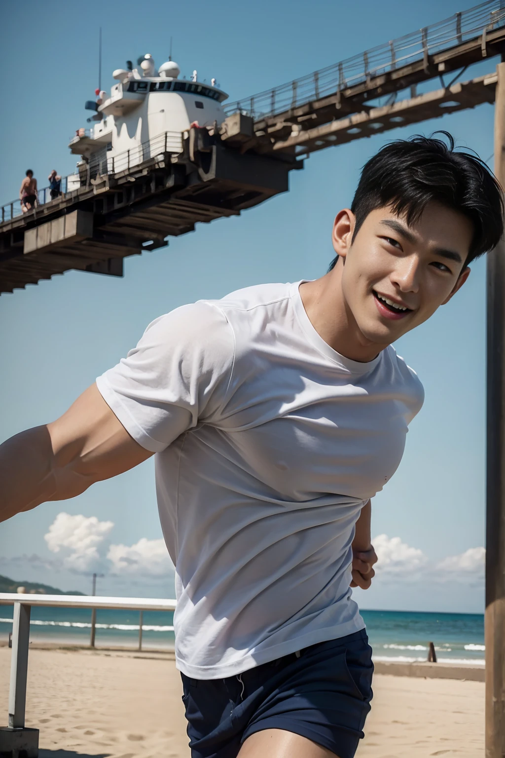 (Create a masterpiece: 1.2),(CGI art:1.3),(realistic:1.5),(After processing:1.3), (Sharp focus:1.3), 1 man, open mouth, smile, (Navy blue round neck shirt), shorts, Korean guy , korean men, (High gloss details), chest muscles, large arm muscles, blood vessel, Big muscles, Broad shoulders, looking at the audience, Balancing the eyes, Seaside, beach, sunlight, running towards the camera