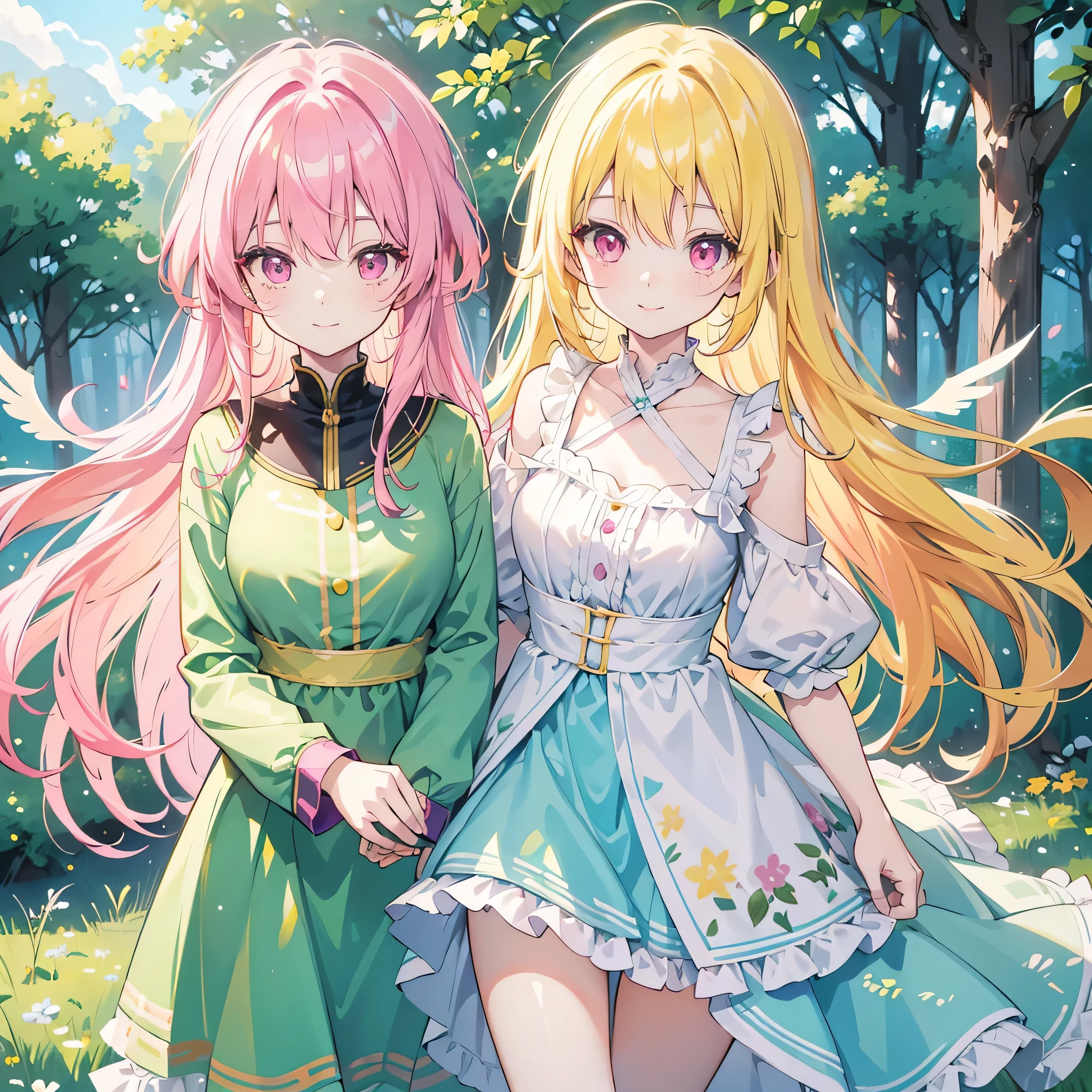 kawaii, anime, Cute, hyper quality, highly detailed, 8k, Clarity, Draw facial expressions in detail, pink eyes, yellow-green hair, in the forest, highlight on eyes, smile, grassland, wings grow, light shines, noon, bright, blue sky, Wear a shoulder-length dress, upward glance,