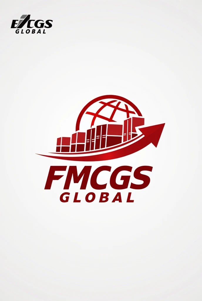 draw me an import export company logo with a container symbol, ship, arrow, Earth. Name: FMCGS GLOBAL, Main color: red white, professional creative style