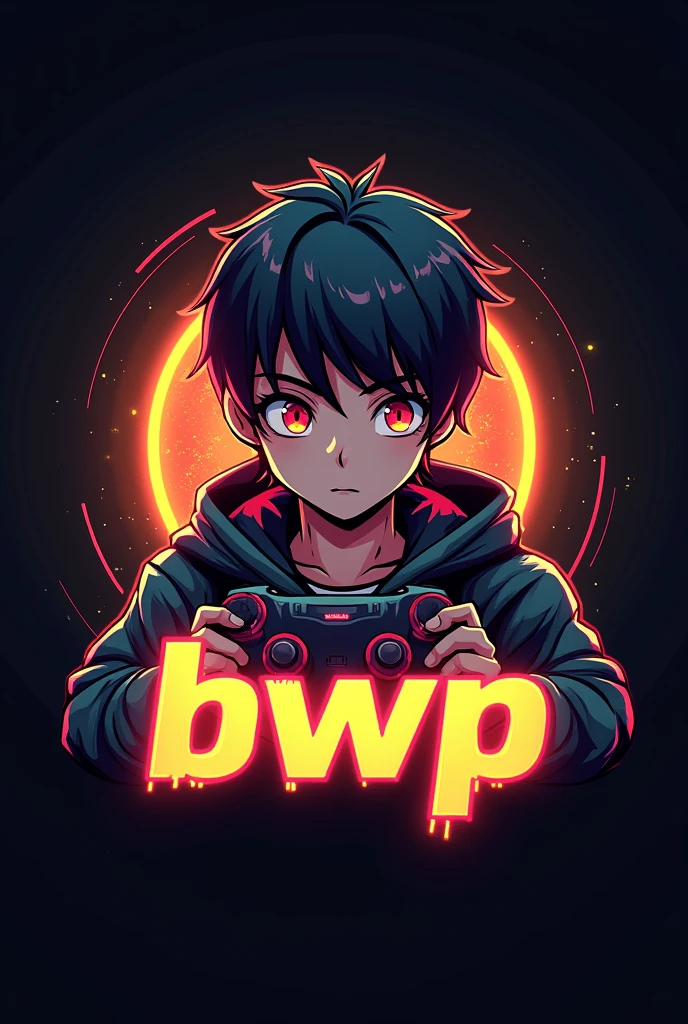 This is a gaming logo that features the name "BWP PLAYZ" in a futuristic font and a neon Golden color. and Boy Anime avtar, The logo also has a stylized controller icon . The logo is designed to be attractive and eye-catching, and to appeal to gaming enthusiasts and