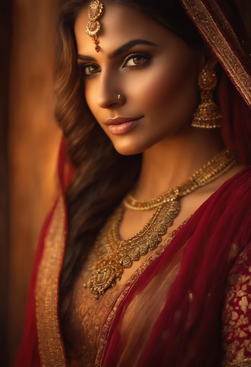 a beautiful swedish girl, traditional indian clothes and makeup, 6 feet tall, long heels, fit figure, round bust slim waist thick hips, full body portrait, (best quality,8k,highres,masterpiece:1.2),ultra-detailed,(realistic,photorealistic,photo-realistic:1.37),intricate details, vivid colors, warm lighting, cinematic, dramatic lighting, fashion photography