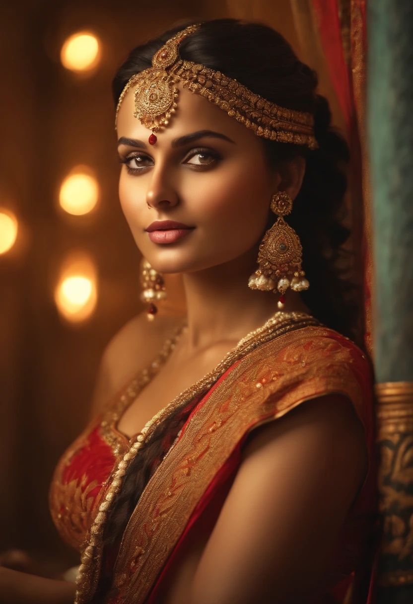 a beautiful swedish girl, traditional indian clothes and makeup, 6 feet tall, long heels, fit figure, round bust slim waist thick hips, full body portrait, (best quality,8k,highres,masterpiece:1.2),ultra-detailed,(realistic,photorealistic,photo-realistic:1.37),intricate details, vivid colors, warm lighting, cinematic, dramatic lighting, fashion photography