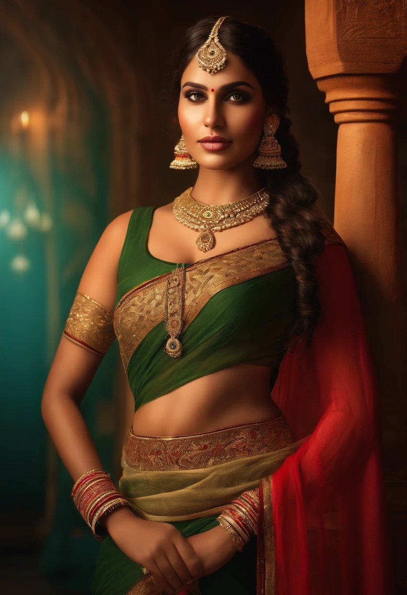 a beautiful swedish girl, traditional indian clothes and makeup, 6 feet tall, long heels, fit figure, round bust slim waist thick hips, full body portrait, (best quality,8k,highres,masterpiece:1.2),ultra-detailed,(realistic,photorealistic,photo-realistic:1.37),intricate details, vivid colors, warm lighting, cinematic, dramatic lighting, fashion photography