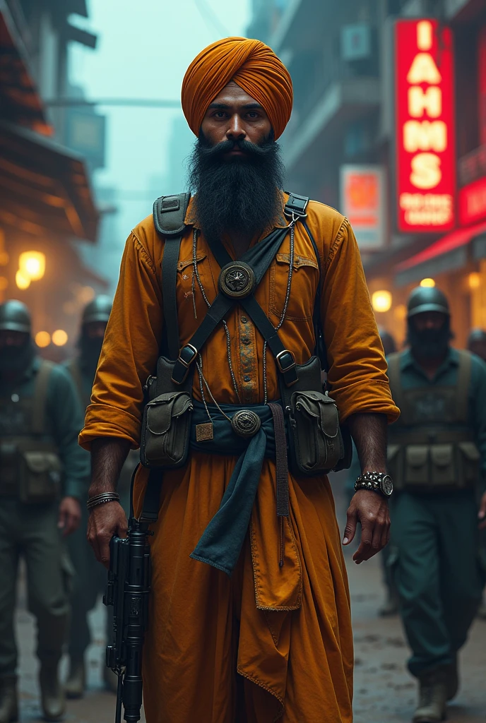 A sikh wearing turban 2 cadually dressed get 3 shots of pistols on stpmach and still fighting and beating 2 gamsgster on indian pty street more two mote gansters are lyin on ground