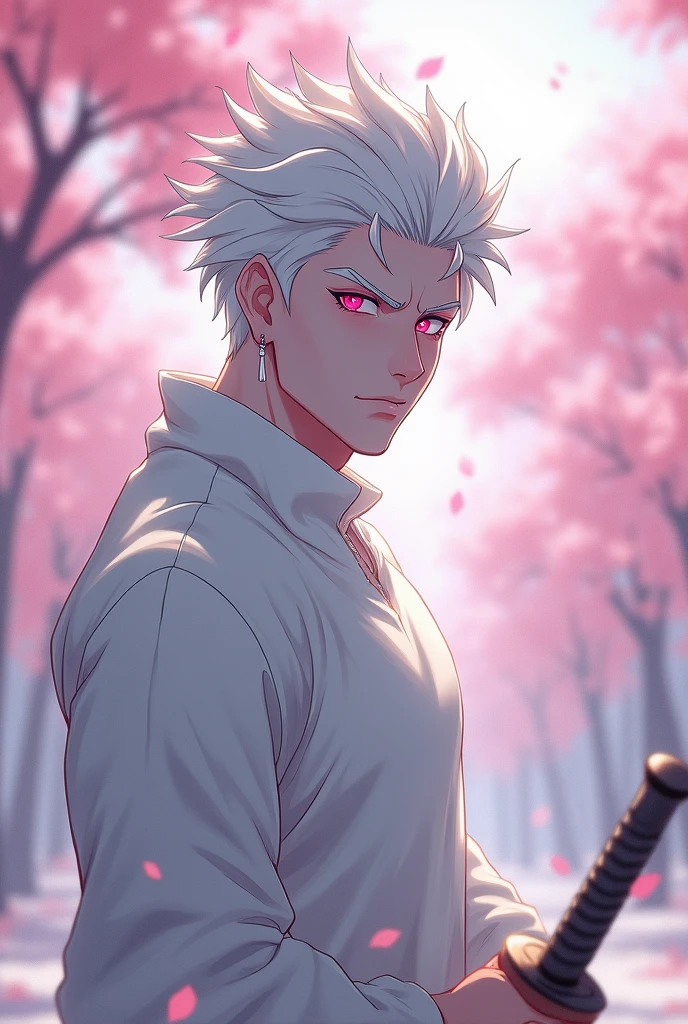 anime demon slayer outfit character sword, White hair, spiky hair, Pale skin, pink eyes, Long white eyelashes, male, muscular, white small earrings, big glossy lips, cherry blossom trees, grey eyebrows, white sweater,