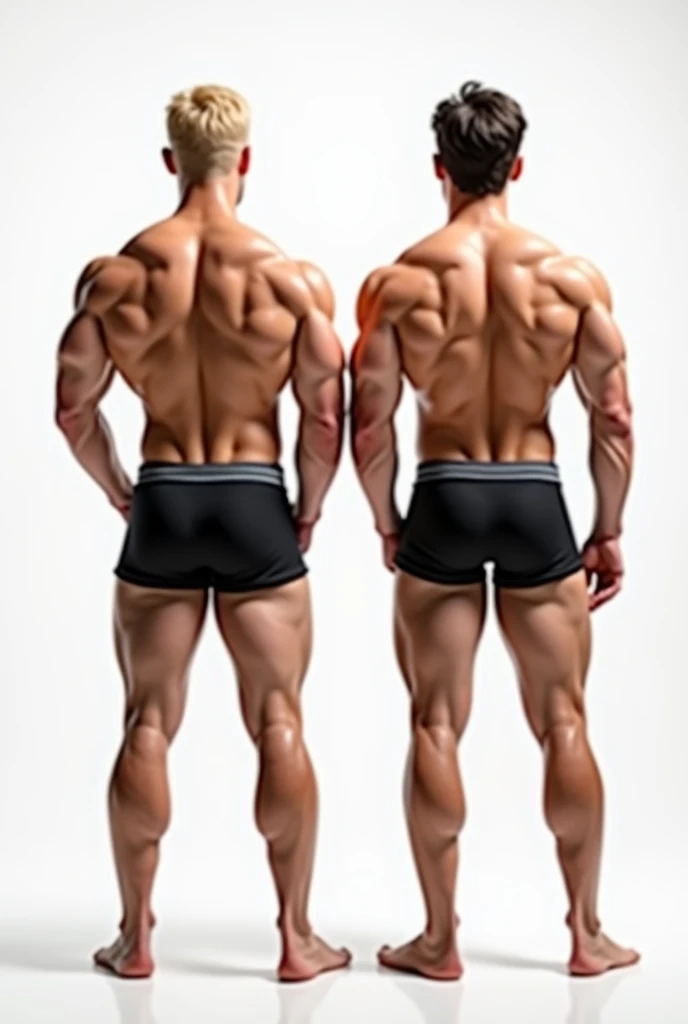 A very very very handsome and very strong and muscular blond boy in boxers and a very very very muscular and strong and very handsome dark-haired boy next to him in boxers with a white background
