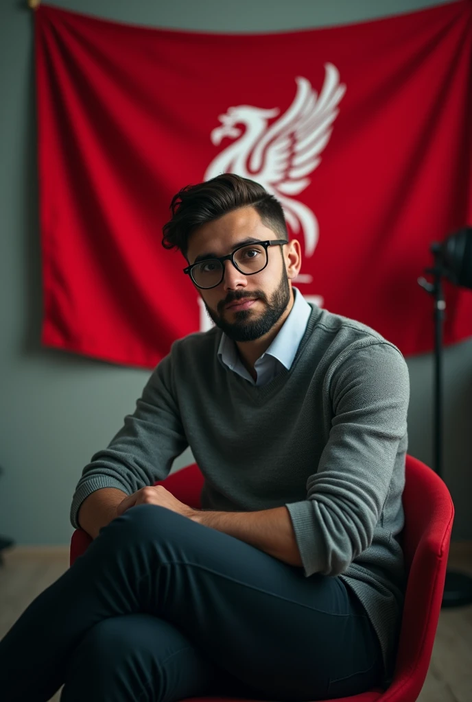 A young boy with beard, glasses, sitting on a chair looking  straight into camera with cinematic YouTube studio with Liverpool football flag, don't include camera 
