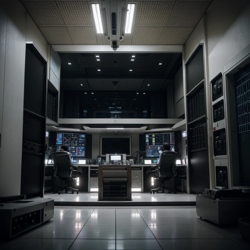 ISRO, control center, india, (Low camera angle), (low horizon line), (centre middle vanishing point), (one point perspective), (no human), (realistic background), (ISRO), Create a realistic and detailed image of ISRO’s control centre. The composition should utilise a very low camera angle with the horizon line placed very low close to the ground, to convey a sense of scale and depth. The perspective should be one-point, with the vanishing point centered in the middle of the image. The control centre should appear busy with technical equipment such as large screens, computers, control panels, and mission data displays. Ensure that no human figures are included in the scene. The atmosphere should feel focused, high-tech, and organized, but natural and organic too, reflecting the intensity and precision of a space mission control room. This image will be used as a background projection for a play, so it should be visually engaging and suitable for a large-scale projection on a wall. Bright interior, light colours, Indian aesthetic.