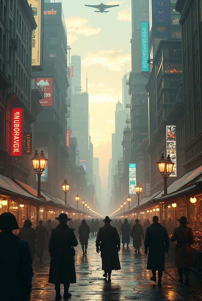 Depict a city trapped in a time loop, where different sections of the city exist in different eras. In one corner, a futuristic skyline with towering skyscrapers and flying cars is frozen in perpetual dawn, while in another, an ancient market square with cobblestone streets and horse-drawn carriages is locked in a constant twilight. The borders between these eras are blurred, with elements from one era spilling into the next—Victorian lampposts stand next to holographic billboards, and medieval knights march alongside robots. The entire city seems to pulse with the energy of time itself, creating a surreal and captivating scene.