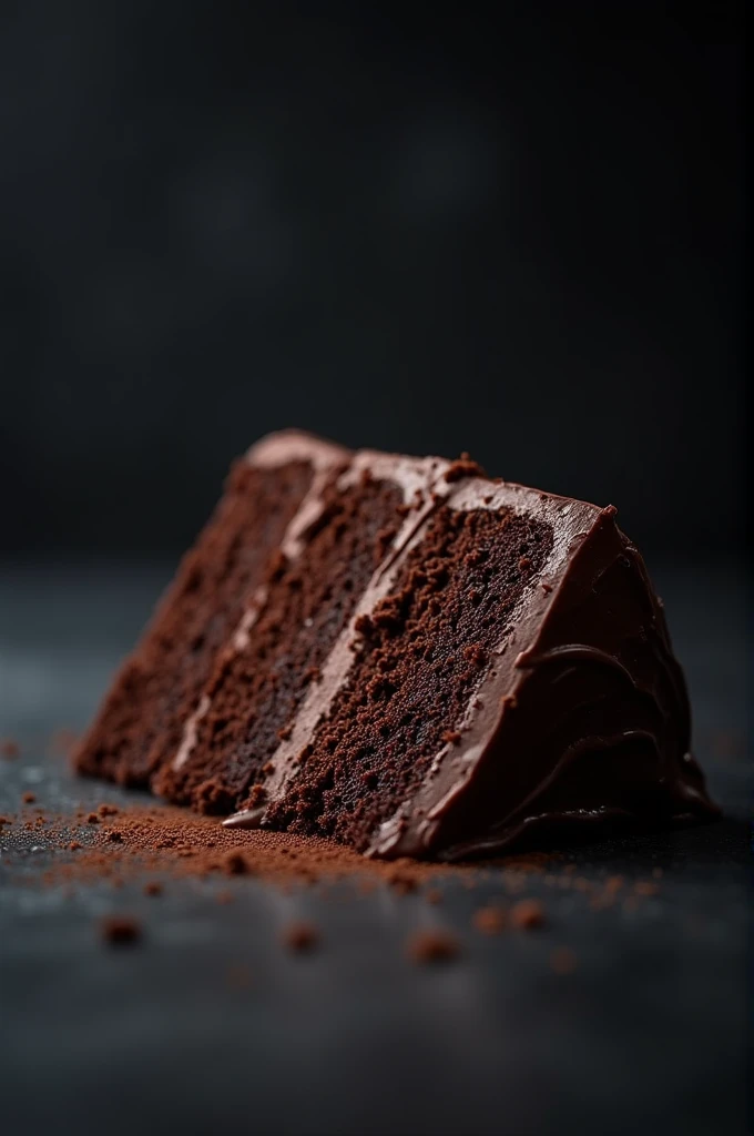 cinematic film still chocolate, chocolate cake, dark background, quality photo, moist texture, frosting, studio photo, slice . shallow depth of field, vignette, highly detailed, high budget, bokeh, cinemascope, moody, epic, gorgeous, film grain, grainy