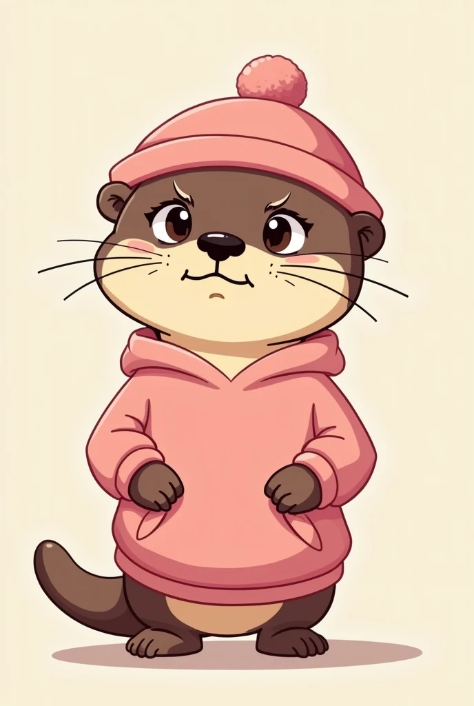 Cartoon of a little otter, with pink cap, pink sweatshirt, with angry face 