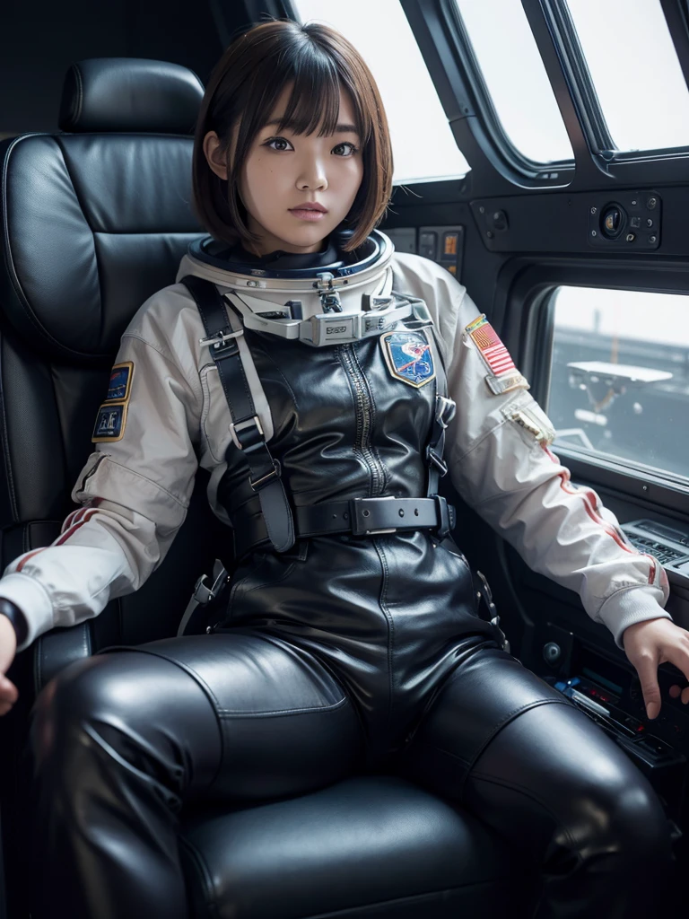 masterpiece, Highest quality, Very detailed, Japanese Android girl, Beautiful Japanese Women, Plump,Control panel,Android,cyborg,Blunt bangs,sitting in the cockpit of a spaceship,astronaut,He is attached to the back of a chair by a thick leather harness.,Both hands are tied to the arms of the chair with leather straps.,Both feet are strapped to the legs of the chair with leather straps.,