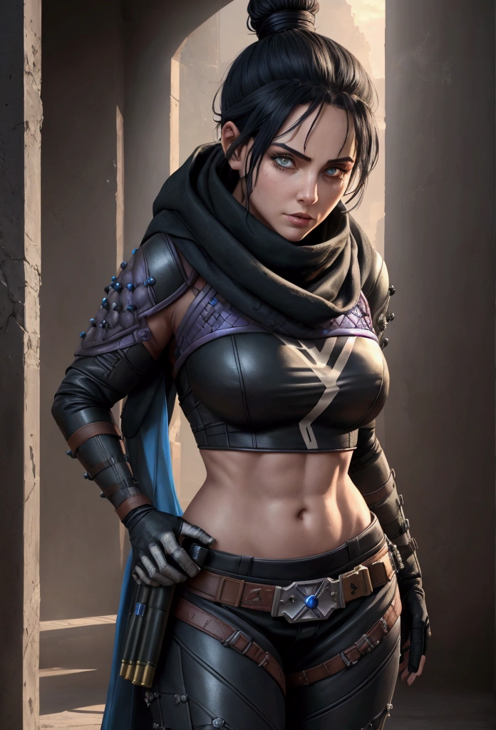 A realistic image wraith apex legends, pretty face focus, Masterpiece artwork, best qualityer, kissshotms, 1 girl, natta, Efeito de Luz, Masterpiece artwork, best qualityer, 1 girl, mature woman, breasts big, 8k, UHF, (abdomen, )muscular woman, Waist slender, detailedeyes, FGO1, 1stClothing, 1 girl, 独奏, hair bun simples, hair bun, scarf, sultry posing, Bblack hair, scarf preto, blue colored eyes, bangss, bangss distribuída, Hair behind the ear, mitts, piercing no nariz, mitts pretas