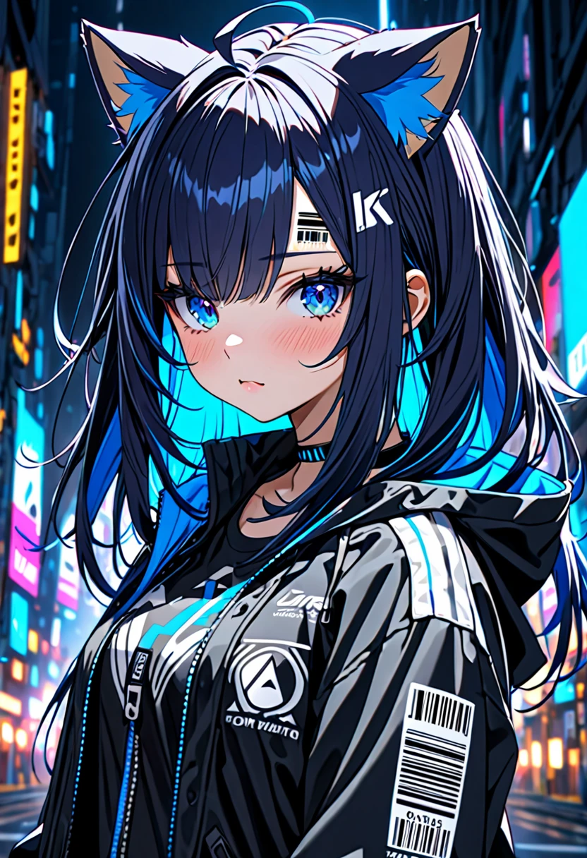 8K Ultra High-Quality, ultra-detailed, High quality, Dark Blue hair, Neon Blue Inner layer hair, Long hair, Cat ears, jacket, barcode tattoo on the forehead, forehead