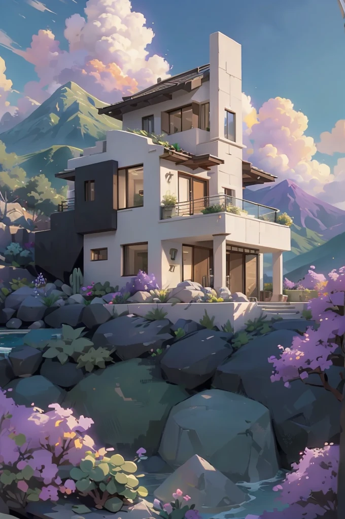 small and beautiful modern house in top of big boulders, terraces, pool, stairs, multiple cacti gardens, palms, trees, rocks, beautiful landscape design, mountains and volcano y background, amazing clouds, sun, moon, planets, milky way galaxy, concrete, wood, glass and steel materials, olive green, violet, orange and withe colors in facade