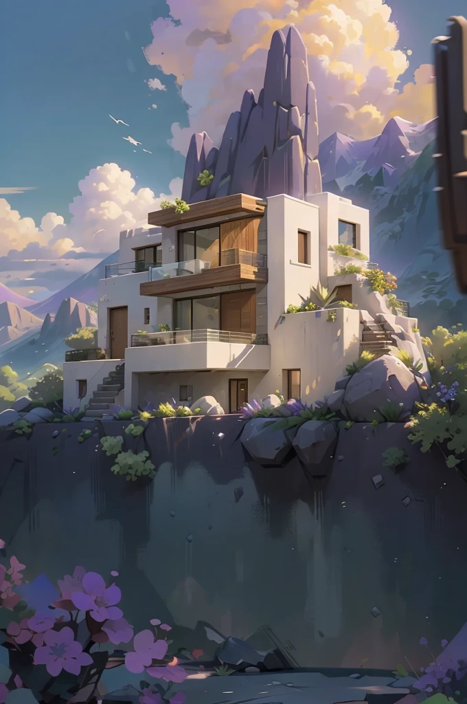 small and beautiful modern house in top of big boulders, terraces, pool, stairs, multiple cacti gardens, palms, trees, rocks, beautiful landscape design, mountains and volcano y background, amazing clouds, sun, moon, planets, milky way galaxy, concrete, wood, glass and steel materials, olive green, violet, orange and withe colors in facade