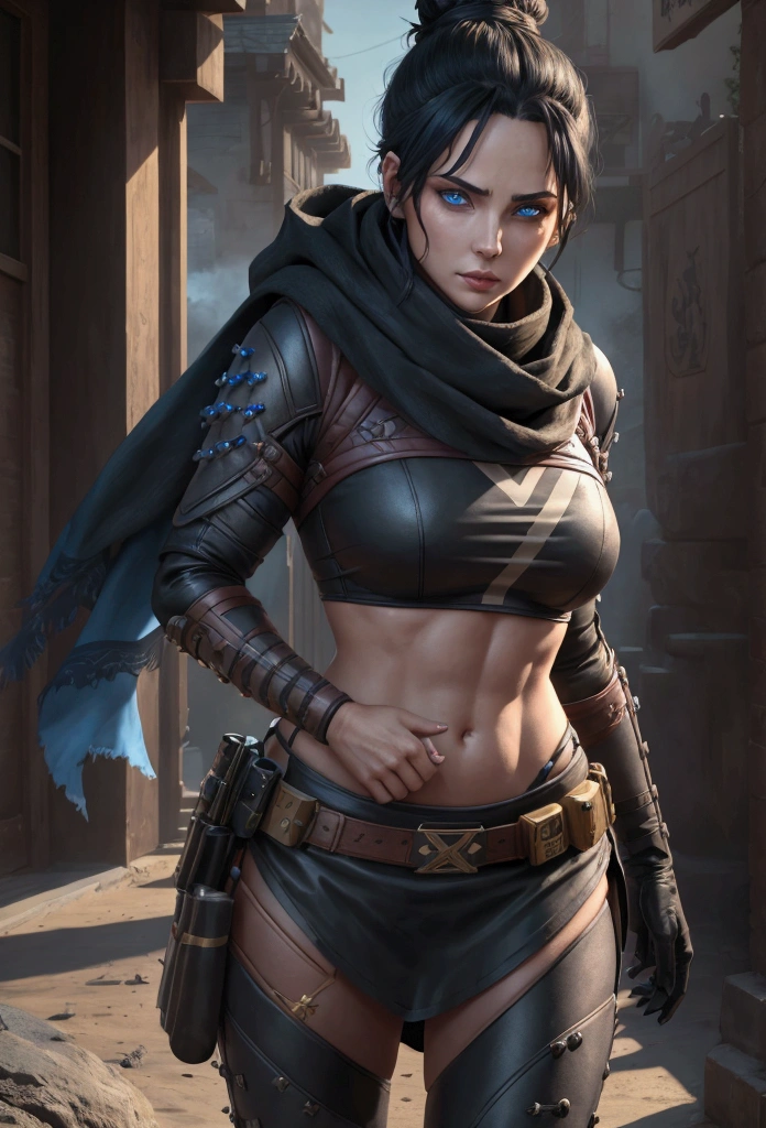 A realistic image wraith apex legends, pretty face focus, Masterpiece artwork, best qualityer, kissshotms, 1 girl, natta, Efeito de Luz, Masterpiece artwork, best qualityer, 1 girl, mature woman, breasts big, 8k, UHF, (abdomen, )muscular woman, Waist slender, detailedeyes, FGO1, 1stClothing, 1 girl, 独奏, hair bun simples, hair bun, scarf, sultry posing, Bblack hair, scarf preto, blue colored eyes, bangss, bangss distribuída, Hair behind the ear, mitts, piercing no nariz, mitts pretas