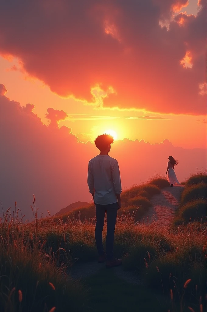 (photorealism:1.2), young man standing on a grassy hilltop, looking towards a distant horizon, sunset sky with warm hues of orange, pink, and purple, silhouette of a woman in a white dress far off on the winding path, her figure slightly blurred, long grass swaying gently in the breeze, dramatic lighting with sun rays breaking through clouds, soft shadows, intricate details, peaceful and hopeful atmosphere, realistic, cinematic composition, by Greg Rutkowski, by Alphonse Mucha