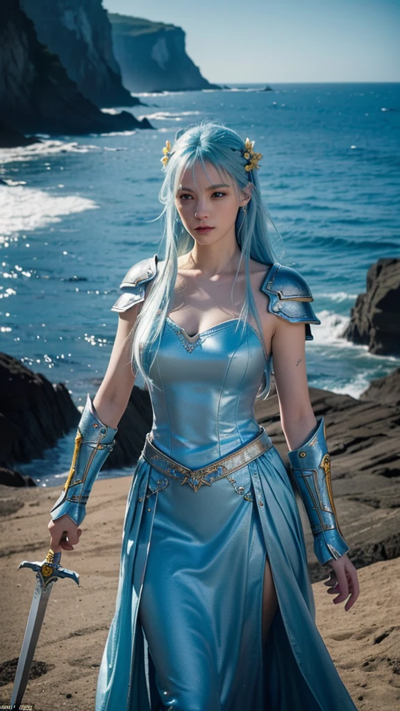 “A single girl with long, light blue hair, adorned with decorative art, in a masterpiece-quality image. The scene is highly detailed, anatomically accurate, with a focus on precision and texture. The girl has large blue eyes, large chest, and textured skin, all depicted in ultra-high resolution, with a focus on realism and high-quality rendering. She wears a beautifully sculpted blue armor with white and yellow details, holding a large sword. The background features a dramatic cliffside by the sea, captured in a 360° view with fluorescent lighting, rendered in 8k Octane for maximum detail and quality.”