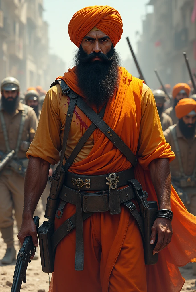 A sikh wearing  turban 2 cadually dressed get 3 shots of pistols on stomach and blood is spilling