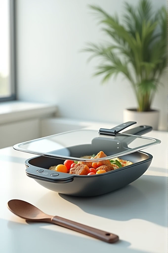 a futuristic frying pan with power buttons that looks like a Tupperware with a lid and cutlery that looks portable and that the photo can be seen to sell it