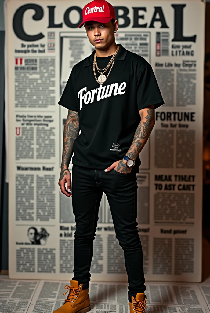Create a complete image of a 20-year-old boy with rapper style, defined and muscular, and with tattooed arms. The picture should show the boy from head to toe.. He is wearing a red cap with the word 'CENTRAL' written on it in large letters., bold and bright on the front. He wears a black polo shirt with the word 'FORTUNE' in white letters prominently displayed across the chest.. Complete the look with skinny jeans and Timberland boots.. Add flashy jewelry and a sleek watch to accentuate your rapper style. Asegúrate de que los tattoos en sus brazos sean visibles y contribuyan al estilo general. The image must clearly highlight the words 'CENTRAL' on the cap and 'FORTUNE' on the polo shirt., with lighting that makes these words stand out. The background should resemble a magazine cover, with design and headlines that reinforce the magazine cover appearance. The pose should convey confidence and style, showing all the details of the outfit, tattoos, and boy's accessories."