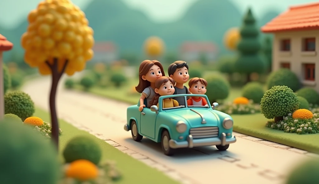 (masterpiece:1.2, best quality,Ultra-high resolution,Very detailed),8K,(wallpaper),(Reality:2.0),(RAW photos:2.0),(Plastic model:2.0),(A family of four traveling by car:2.0),(house，Trees，the way，Relaxed expression，Very simple design),(Isometric 3D perspective model),matte paint