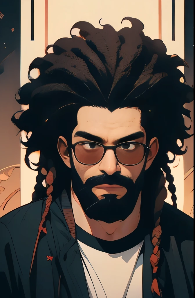 arafed man with dreadlocks and a beard with a colorful shirt, an album cover inspired by Charles Martin, tumblr, conceptual art, curly black beard, black curly beard, spiky black hair and dark skin, thick black beard, braided beard redhead dreadlocks, black man with afro hair, with a full black beard, with textured hair and skin, thick braided beard