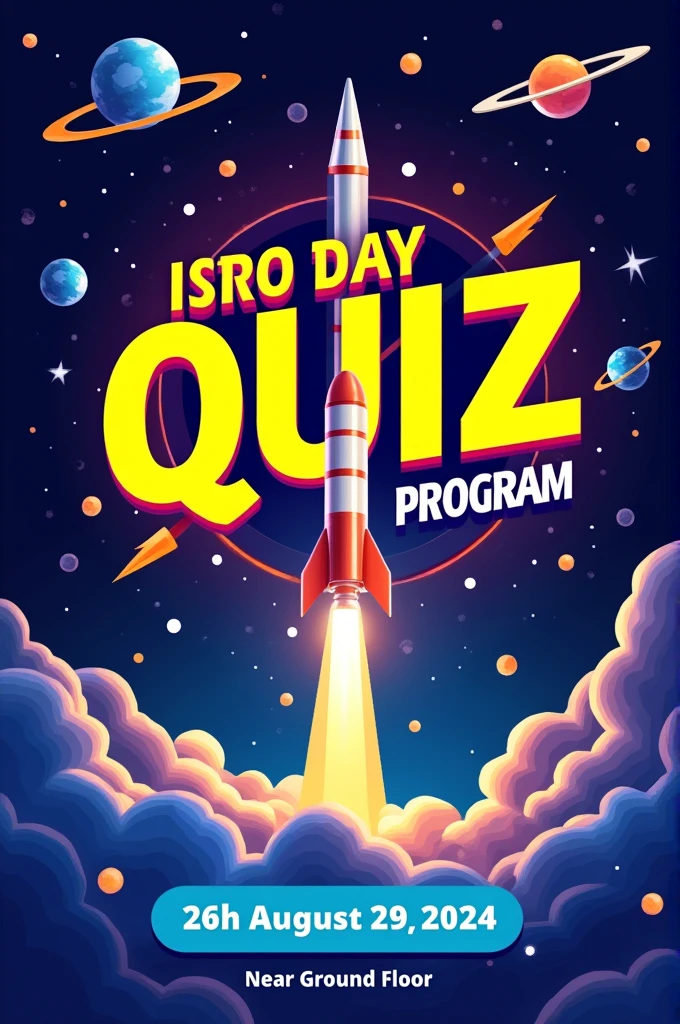 /imagine Create a vibrant and eye-catching poster for the ISRO Day Quiz Program on August 29, 2024. The poster should have a space-themed design, incorporating elements like rockets, satellites, and stars, symbolizing ISRO's achievements. The text should be bold and dynamic, with the headline reading 'ISRO Day Quiz Program' in large, striking fonts. Include the date '29/8/2024' prominently and mention the location as 'Near Ground Floor.' Use a color scheme that blends deep blues, purples, and bright accents like orange and yellow to create a sense of excitement and energy."