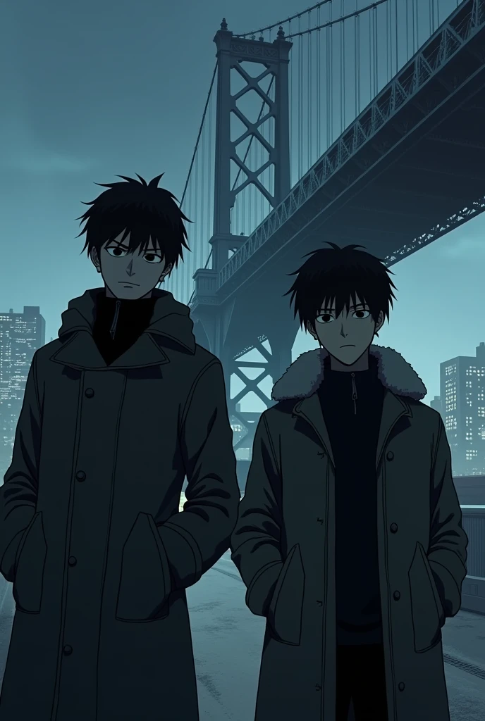 The image is anime style cowboy bebop and Darker than black with shadows and dim lights, anime style although somewhat adult and dark, It shows a 2 young man with black eyes., very serious, who wears winter clothes. He has his hands in the pockets of his jacket.. is stopped, He wears black boots. Behind him, You see a huge city with a huge bridge that goes to the sky. 