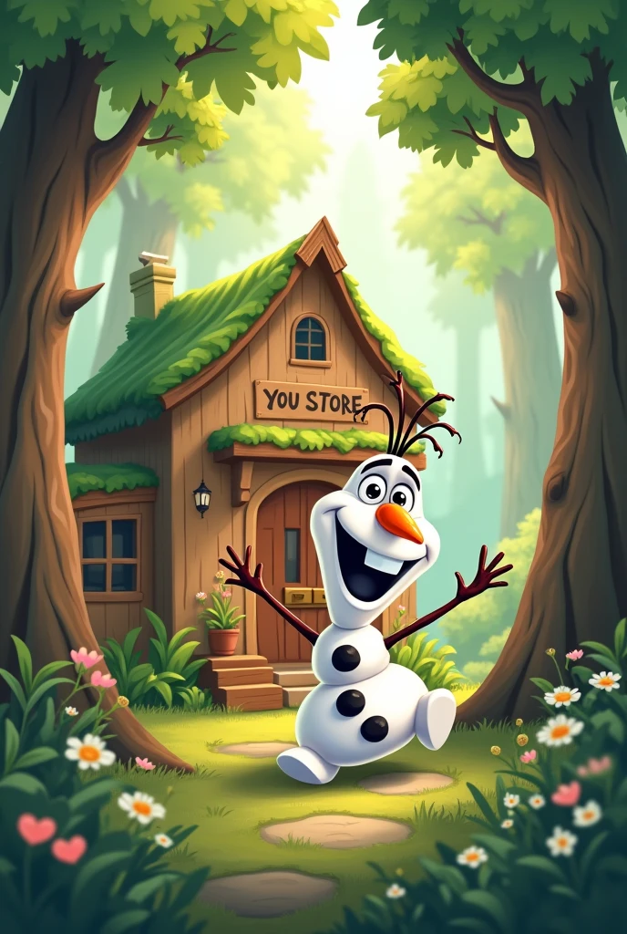 Logo store in the Wood with mascot Olaf and writing in the middle "if you happy we happy" with store background