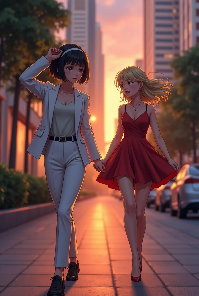 A girl with short black hair at the age of 18 in a white formal suit and wearing red lipstick on the sidewalk in the evening, raising her bangs with a headband angrily and seriously, and her friend walking beside her, she has yellow hair, is wearing red lipstick, is wearing a beautiful short dress, and has high-heeled shoes, and she was happy